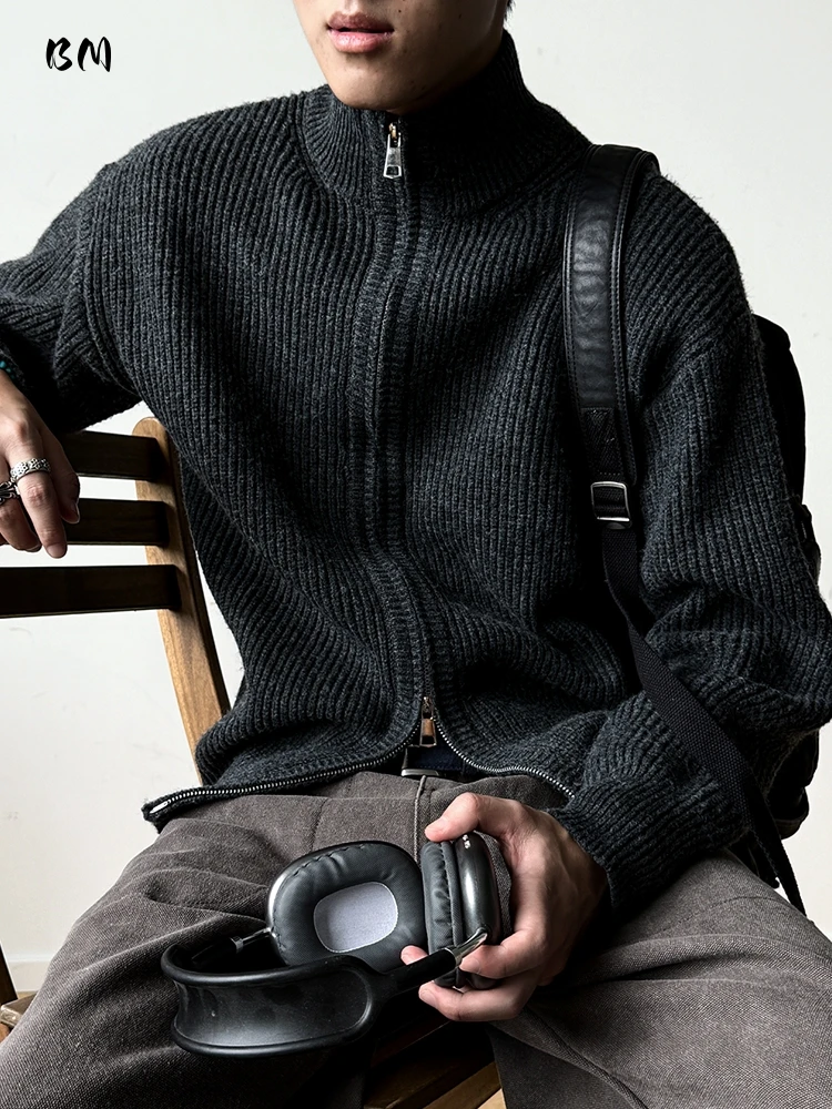 

Mens Heavyweight Vintage Knit Sweater Cardigan Double Zipper High Quality Japanese Style Trendy Oversized Autumn Winter Coat