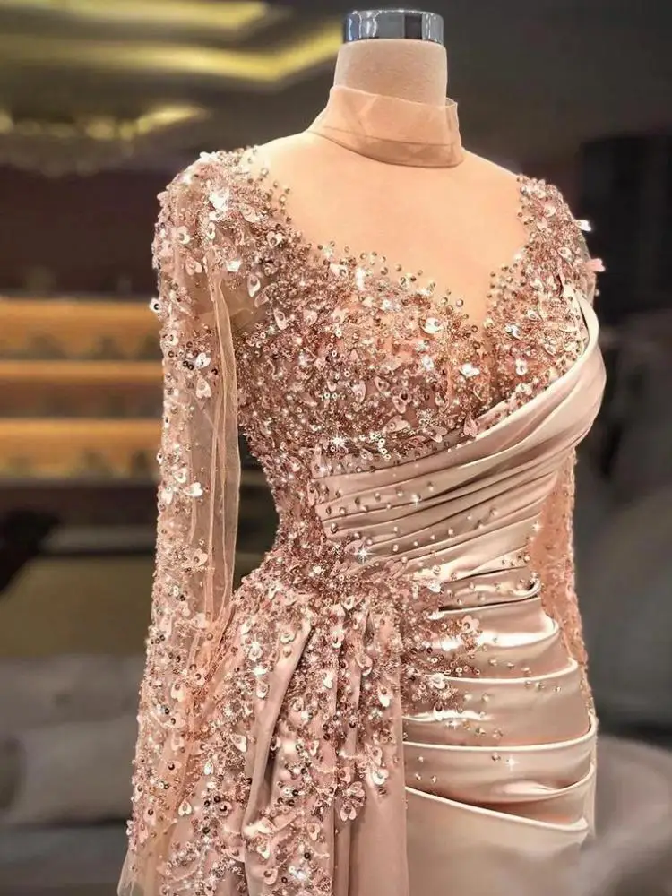 

Charming Luxury Women Evening Dresses Long Sleeve 2024 High Neck Sequined Mermaid Long Wedding Party Dress Formal Prom Occasion