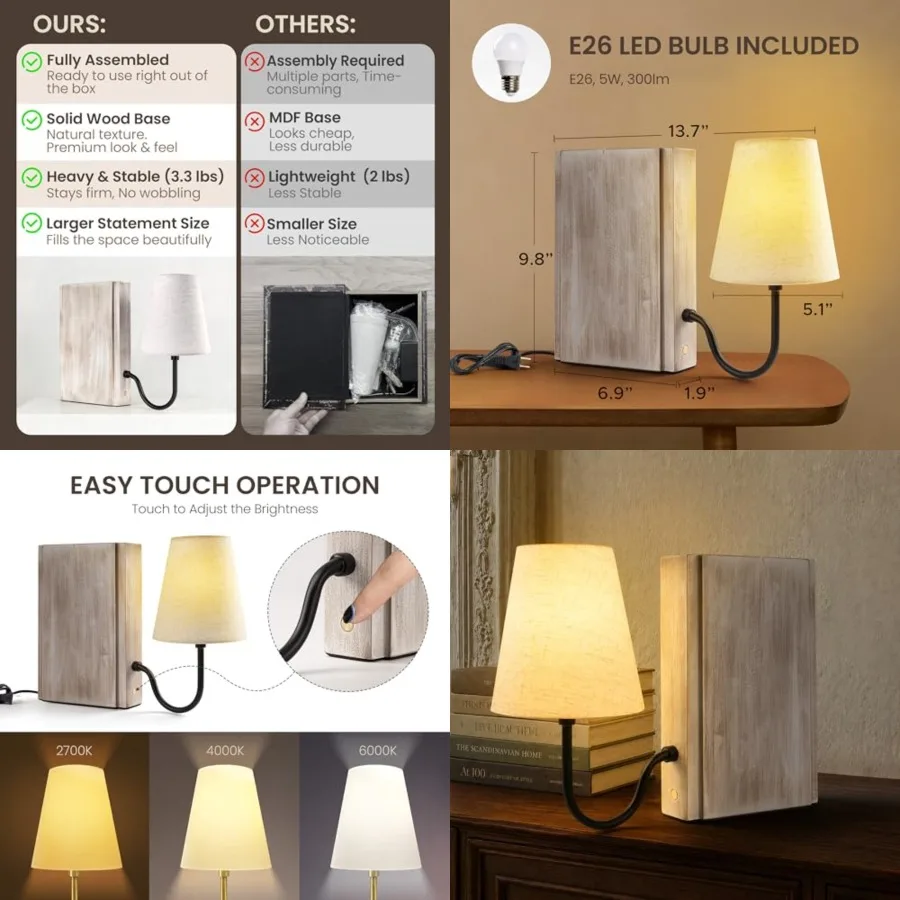 

Wooden Bookshelf Lamp with Bulb, Table Lamp with Linen Shade, 3-Color Dimmable Touch Control, Modern Farmhouse Decorative Booke