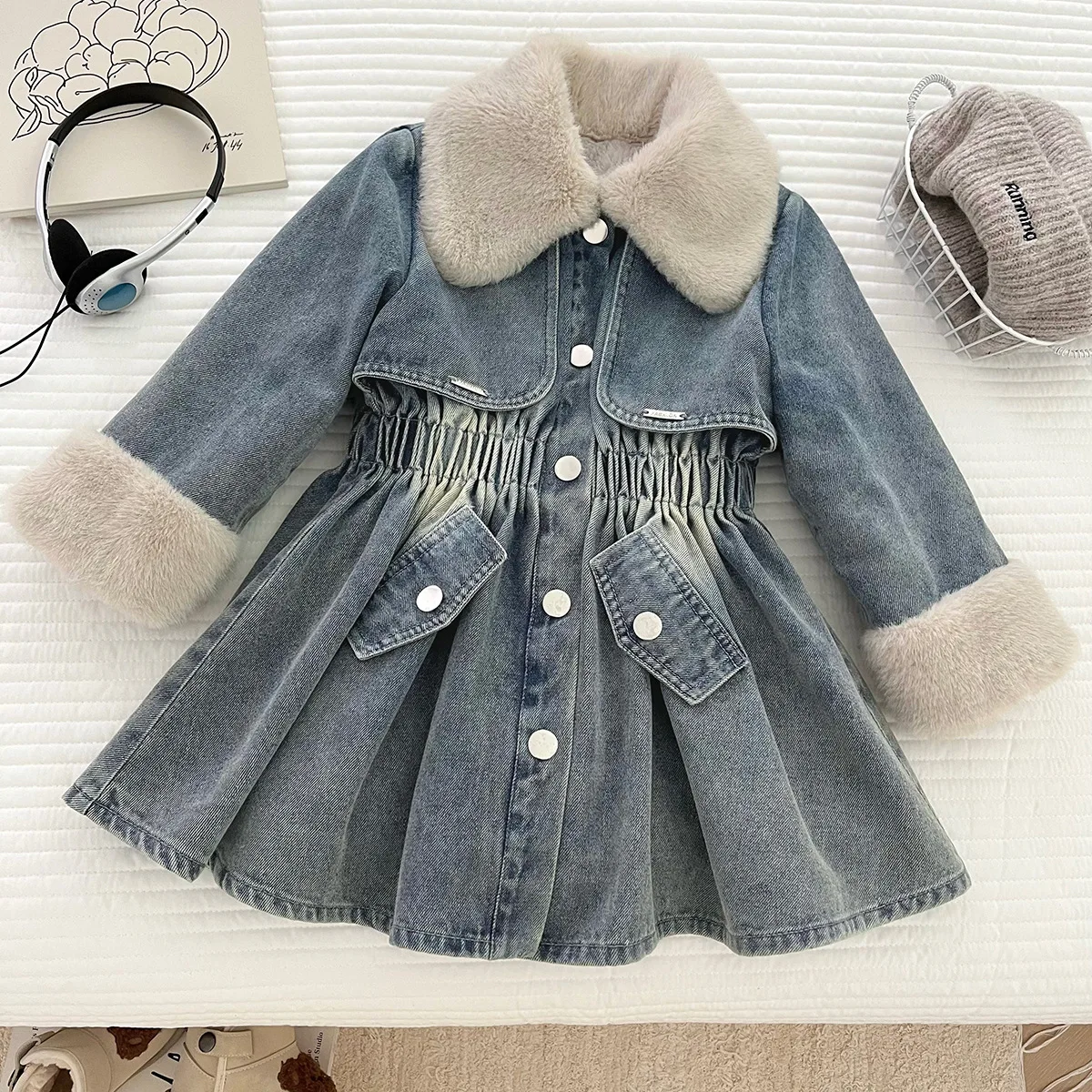 

2 4 6 8 10 French winter plush warm baby girls denim jacket dress child Thick velvet windbreaker overwear kids cotton outerwear