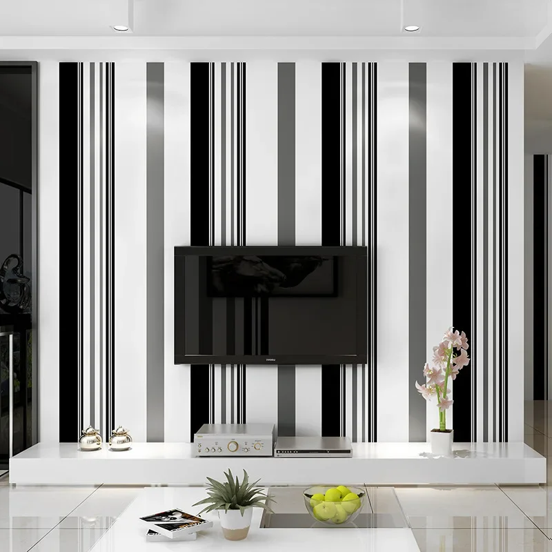 Background Wall Wallpaper Film and Television Living Room Is Now Simple Non-woven Black and White Gray Striped Wallpaper
