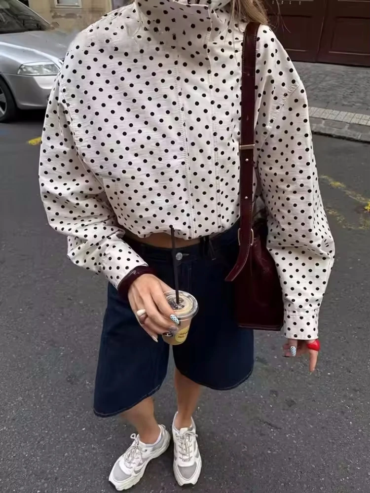 الخريف البولكا نقطة مطبوعة سترة فضفاضة للنساء طويلة الأكمام الياقة المدورة سستة الرباط Vintage معاطف 2025 جديد إمرأة أبلى