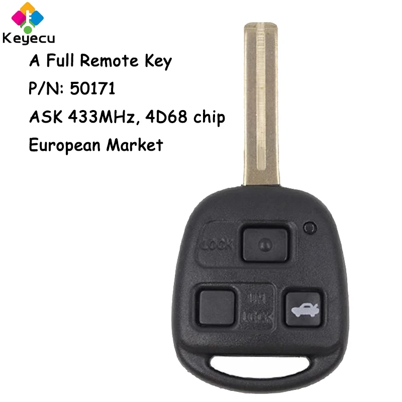 

KEYECU Replacement Remote Control Head Car Key With 3 Buttons ASK 433MHz 4D68 Chip TOY48 Uncut Blade for Lexus Fob P/N: 50171