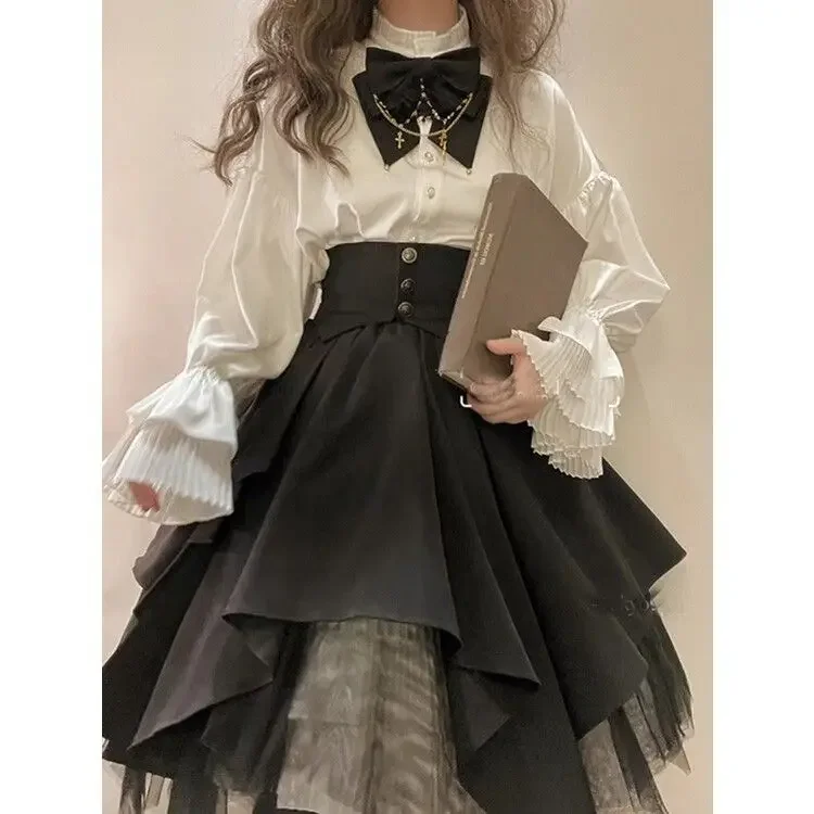 

Ladies Set White Half High Neck Lantern Sleeve Shirt+Black Girdling Spliced Skirt+Bow Gothic Lolita Three Piece Women's Clothing