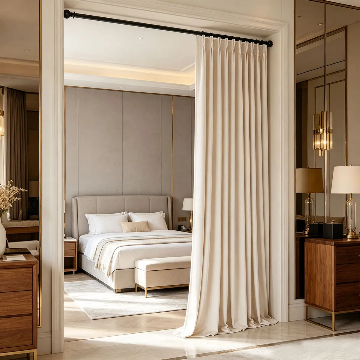 1Pc Beige Velvet Pinch Pleat Room Divider Curtain, Luxury Pleated Fabric Drape, Floor Privacy Curtain For Living Room Doorway