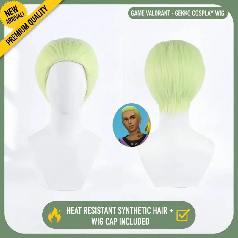 ▶❤Valorant Gekko Cosplay Wig Short Green Heat Resistant Synthetic Hair Halloween Role Play Wigs with Wig Cap❤◀ view 2