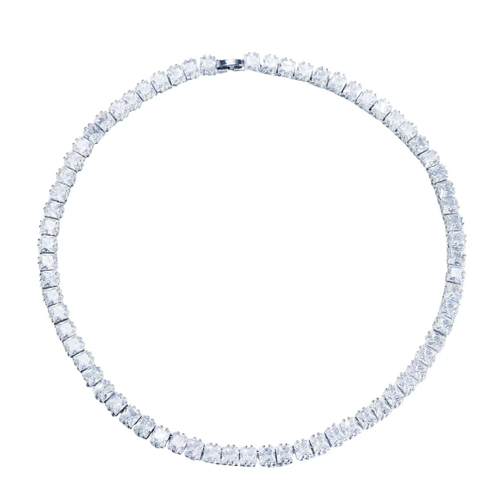 

Hip Hop Single Row Zircon Necklace - Full Pave Square Cut Cubic Zirconia Choker Chain