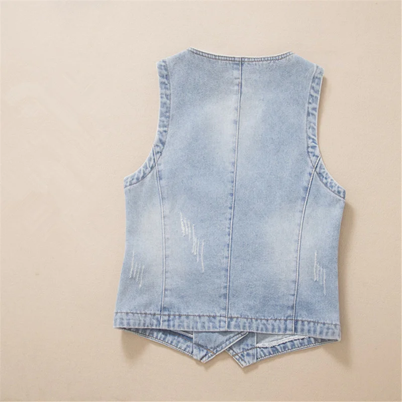 Vintage Light Blue V Neck Frayed Denim Vest Women Waistcoat Slim Short Cowboy Sleeveless Jacket Coat Casual Jeans Vests Female