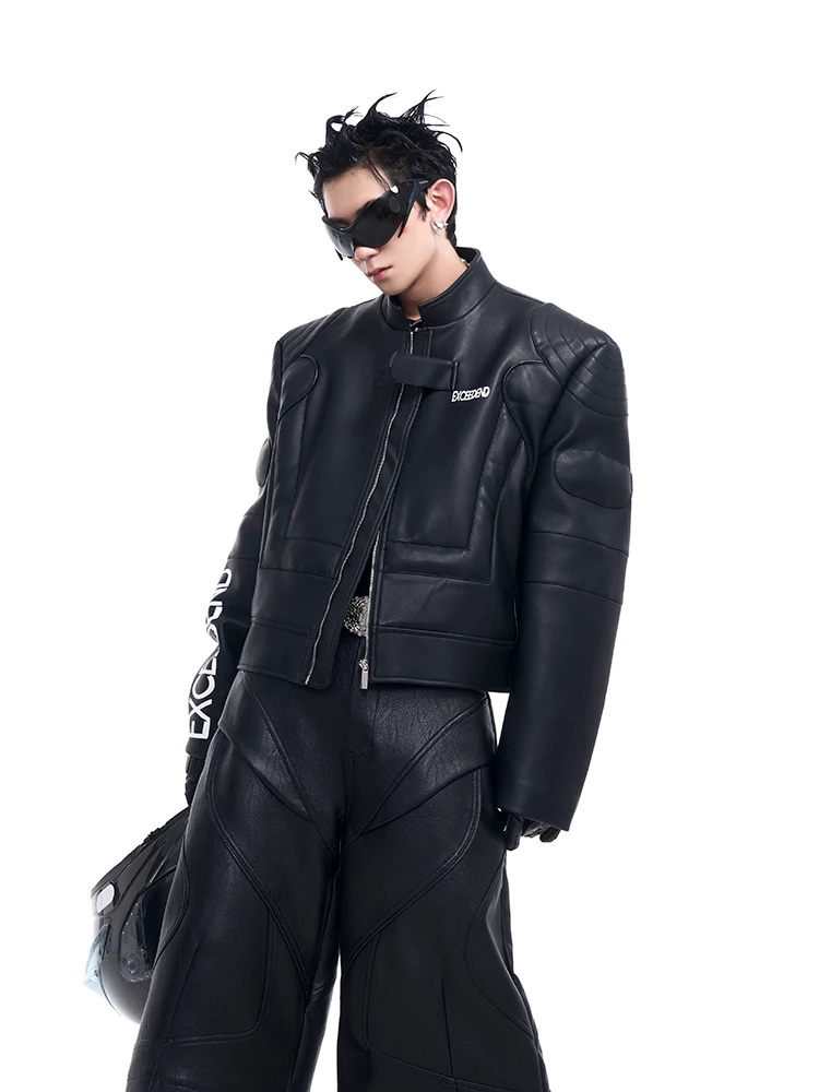 motorcycle suit short leather jacket men's autumn and winter three-dimensional silhouette letter print