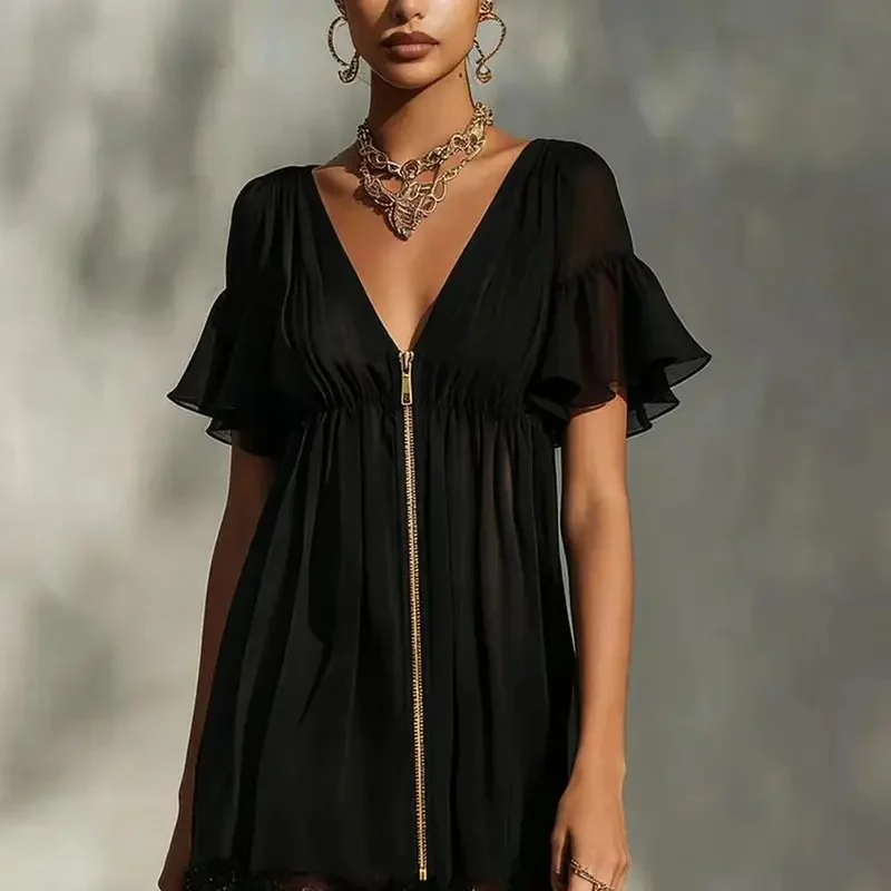 Women Deep V Mini Dress Ruffle Short Sleeve Front Zipper Lace Hem Loose A Line Dress Summer Club Party Night Out Short Dress