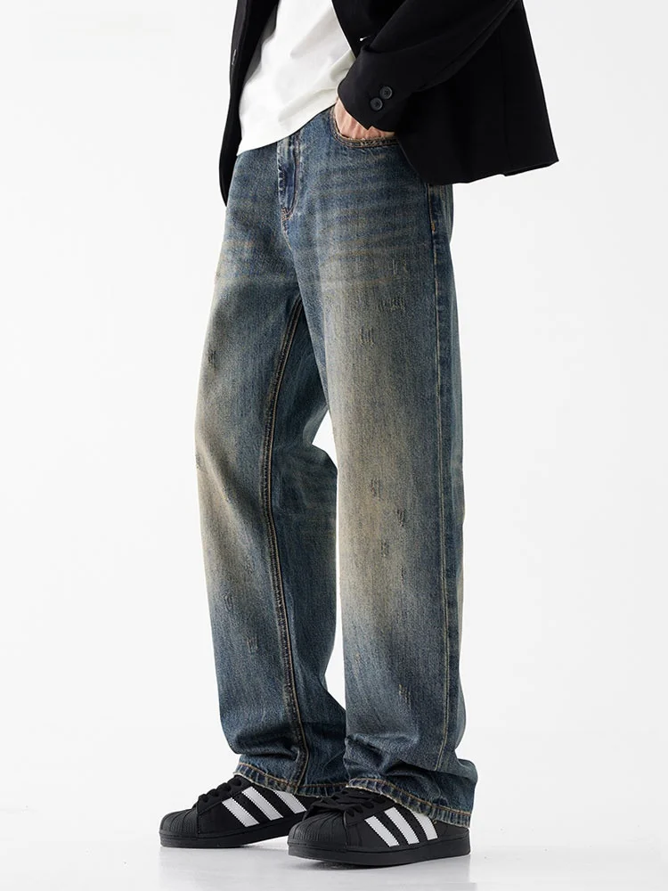 

UKTK Men's Casual Straight Leg Jeans Vintage Washed Loose Fit Denim Pants Youth Trend Autumn Wear Resistant Straight Tube Tro...