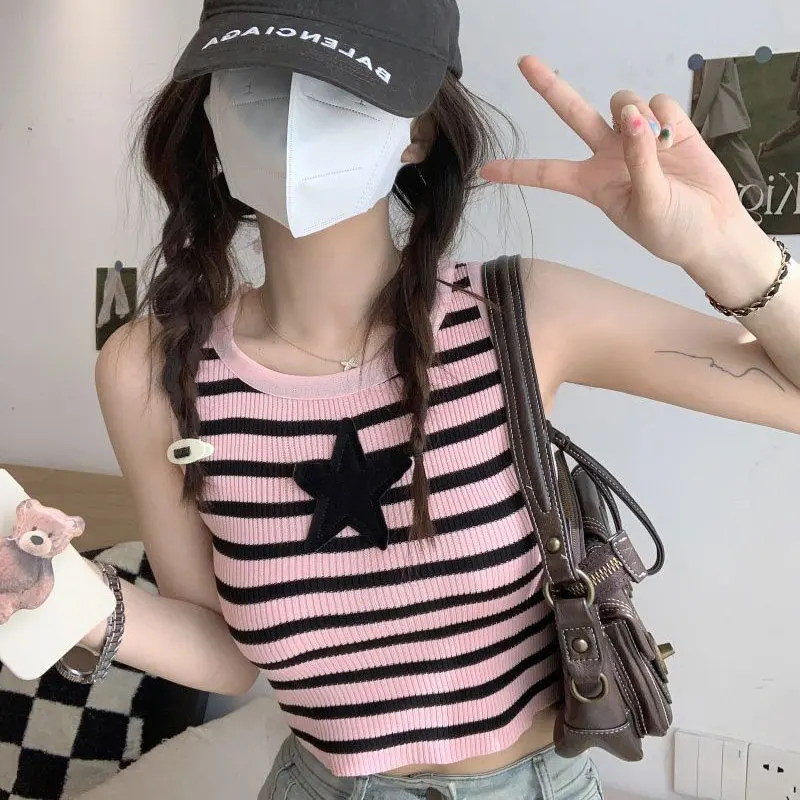 

Hotsweet Striped Star Camis Slim Female Clothing Korean Sleeveless Pullovers Summer Round Neck Vintage Contrasting Colors Tanks