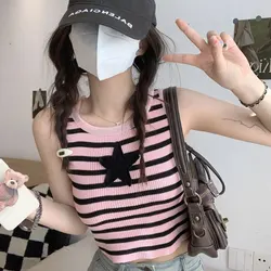 Hotsweet Striped Star Camis Slim Female Clothing Korean Sleeveless Pullovers Summer Round Neck Vintage Contrasting Colors Tanks