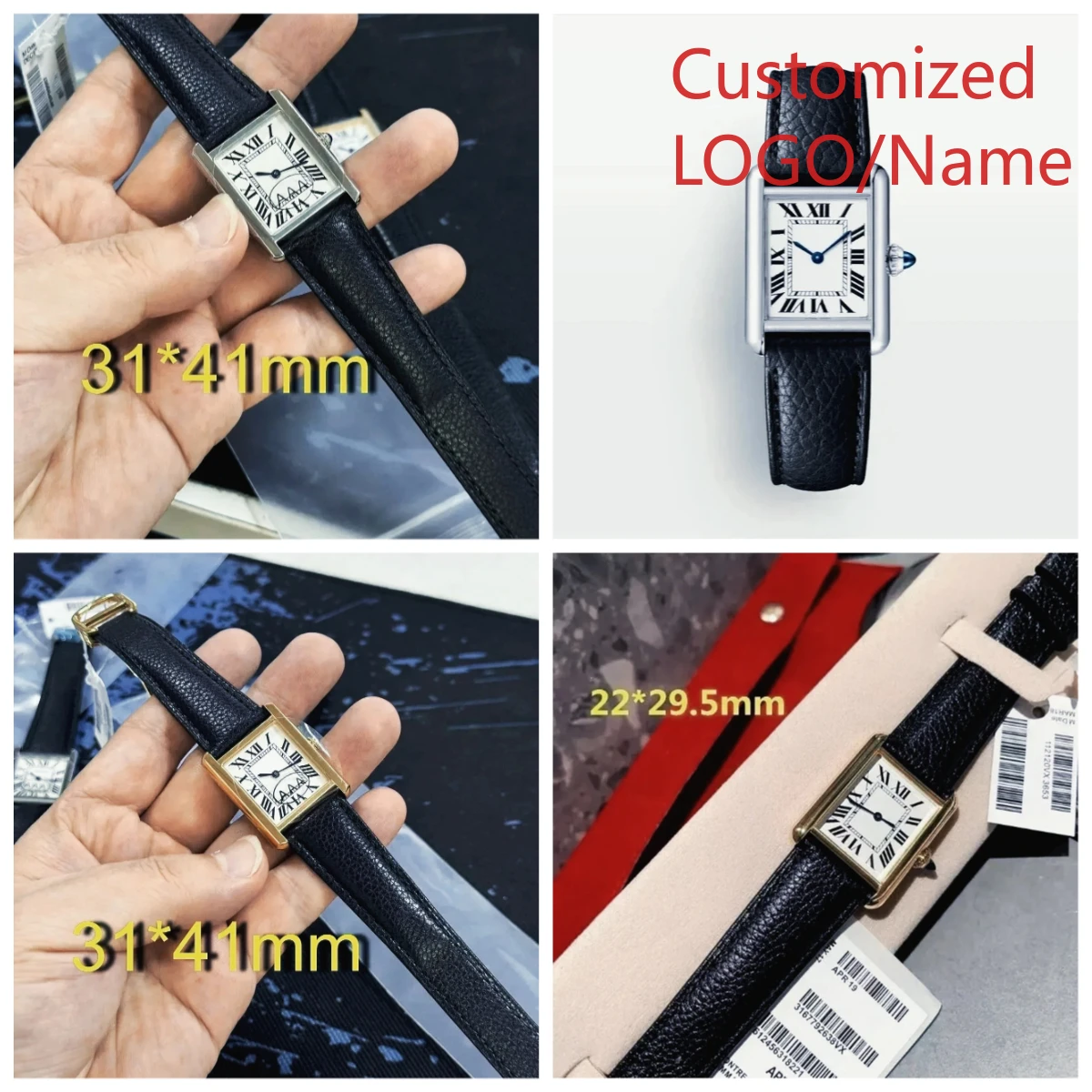 

A11 Store Customized Watch Quartz Movement 22mm 27mm Mens Women 904L Stainless Steel Square Black Leather Gold