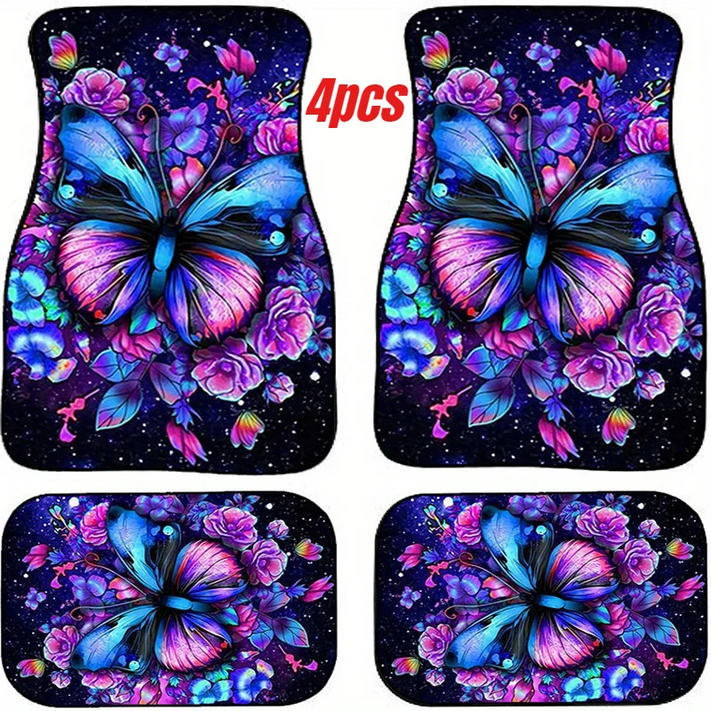 4-Pack Colorful Fantasy Butterfly Universal Car Floor Mats Set- Durable Polyester Fiber, Non-Slip, Easy Clean, All-Season,women