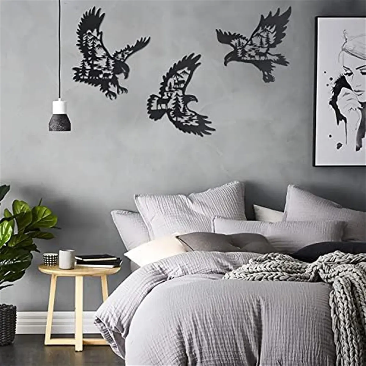 A56K Metal Eagle Wall Art Decor Set of 3, Bald Eagle Wall Decor with Bear Deer Silhouette Pattern, Lodge Hunting Decor