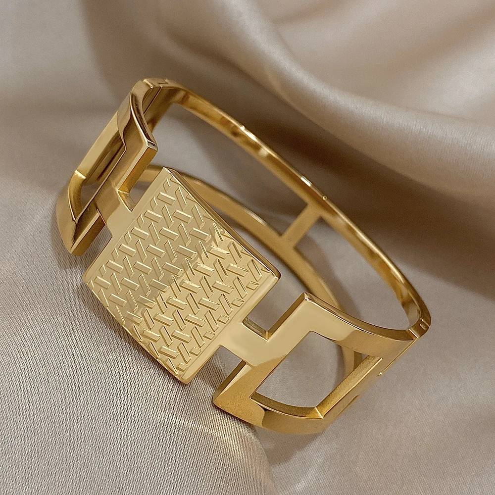 Unique Design Geometric Stainless Steel Cuff Bangles Bracelets Charm Chunky Gold Silver Color Fashion Waterproof Jewelry