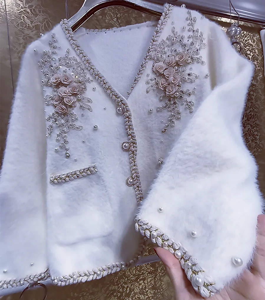 أحجار الراين على شكل زهرة، خرز صناعي ثقيل، لآلئ مهدب، دانتيل سميك، سترة صوفية قطيفة معطرة صغيرة