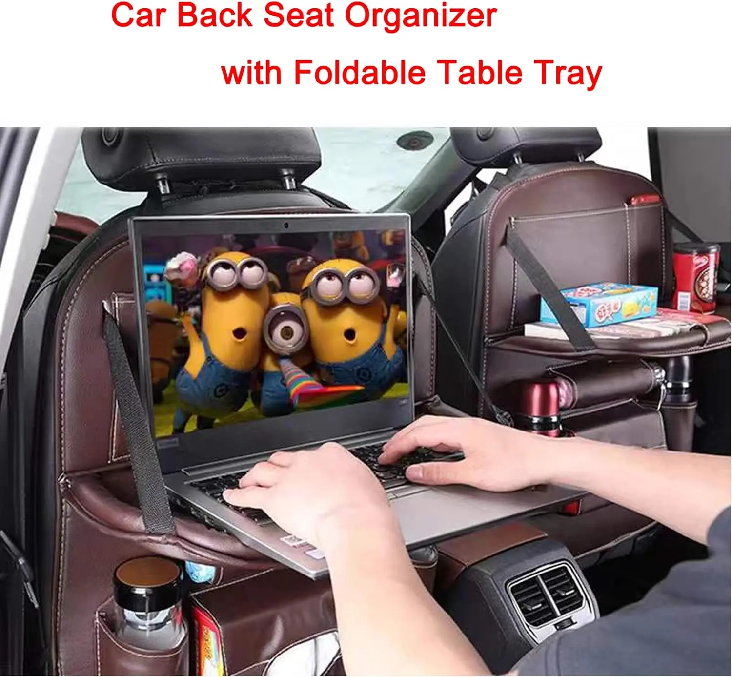 PU Leather Backseat Seat Organizer with Foldable Table, Multi-Storage Pockets and Adjustable Buckle Strap for Automobiles