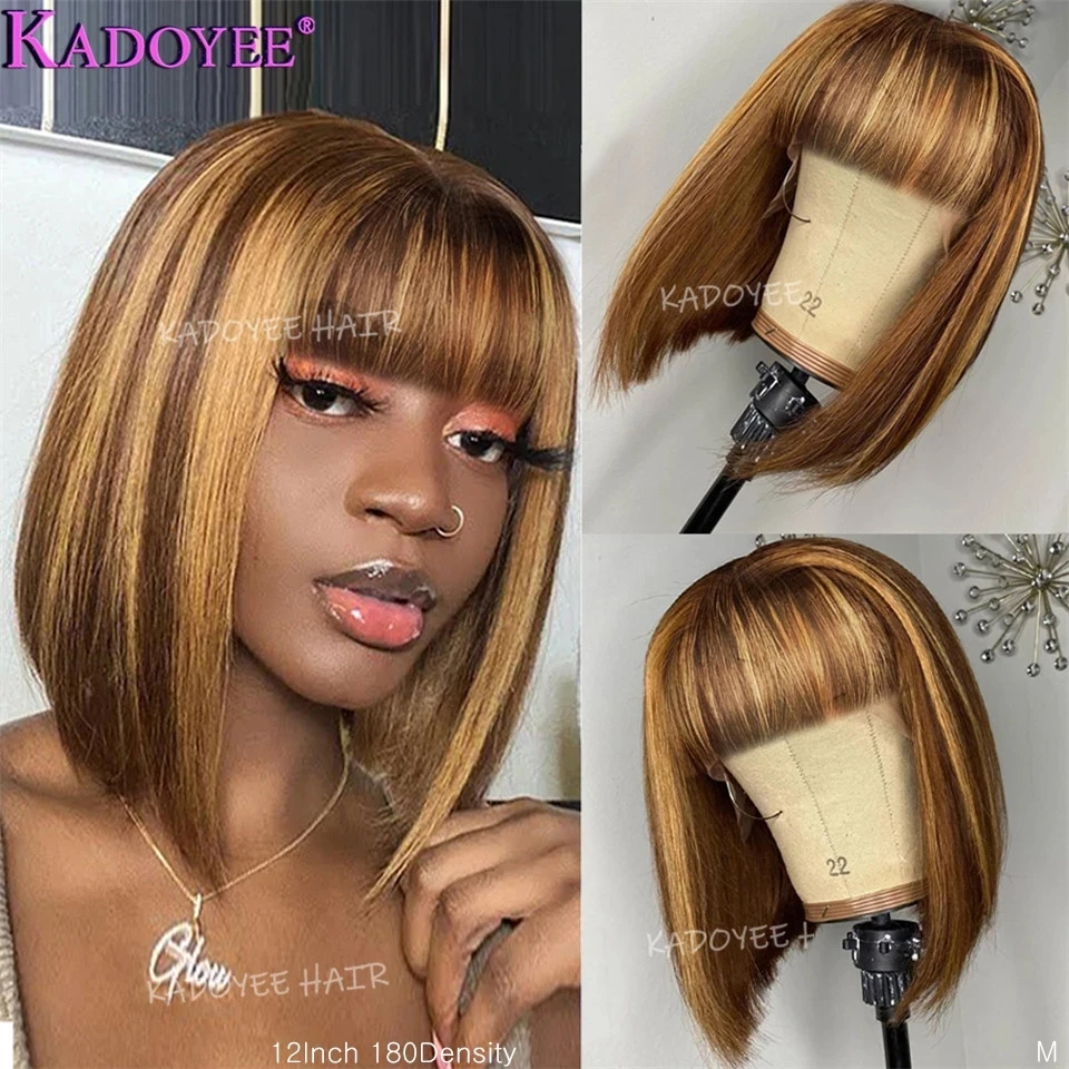 

Highlight Straight Wig Human Hair With Bangs Honey Blonde Straight Short Bob Wigs For Black Women Brazilian Full Machine Wigs