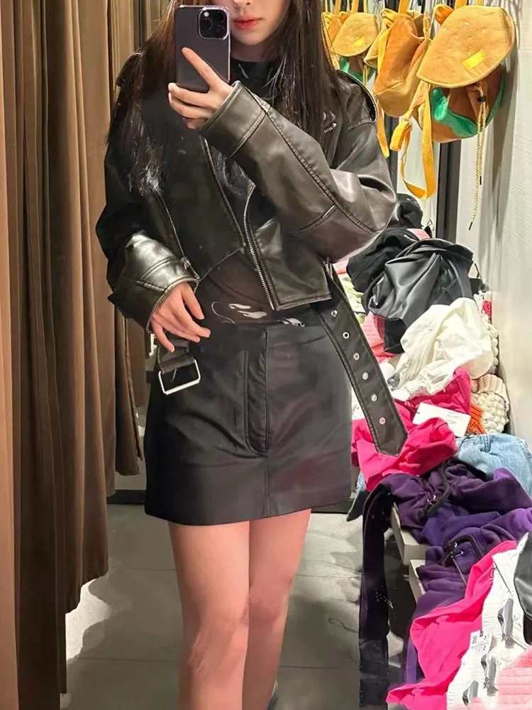 Fitaylor Veste en similicuir pour femme avec ceinture, manteau court en PU, rue haute, fermeture éclair rabattue, moto motard vintage, printemps, automne, nouveau