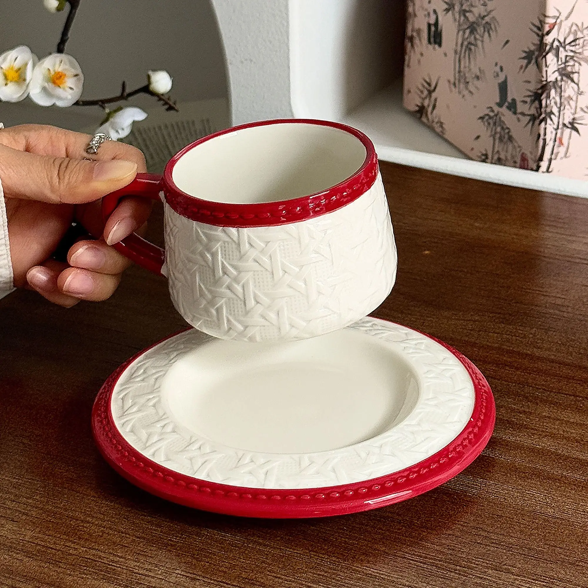 300ML/Retro French Rattan Ceramic Coffee Cup Water Set Tea Set High-end High-value Tea Cup Gift Box Mug