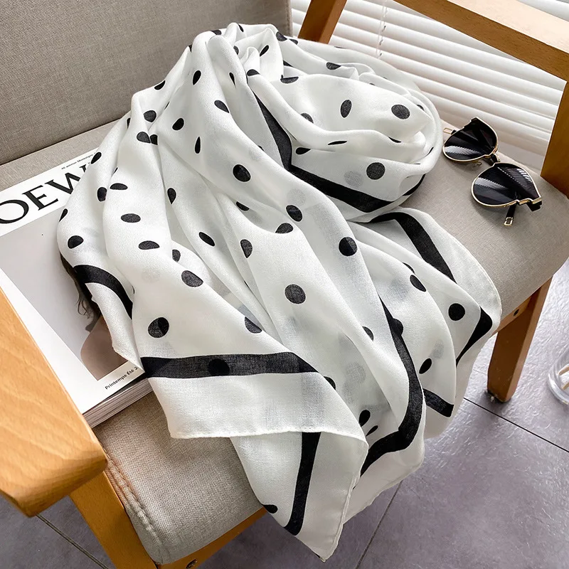 Fashion Black White Dots Comfort Cotton Linen Scarf Shawl Women Spring Fall Neckerchief Summer Travel Beach Mantillas Veils