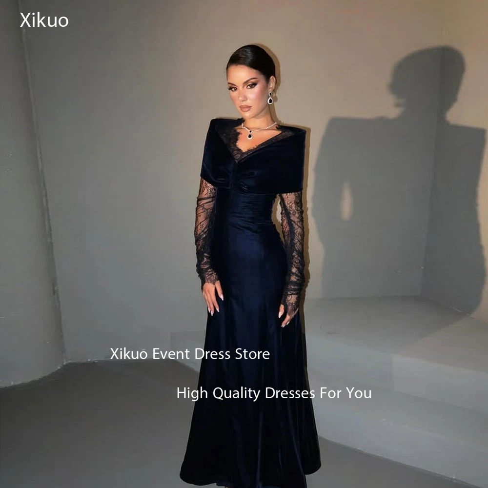 

Xikuo Navy Blue Velvet Evening Dresses Off Shoulder Formal Wedding Party Dress A Line Appliques Dresses For Women Customized
