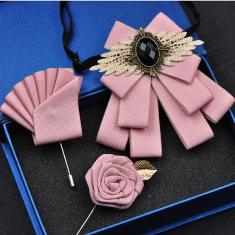 

British Men's Bow Tie Brooch Set Business Banquet Suit Shirt Accessories Collar Flowers Men Wedding Bow-tie Brooches Sets Gifts