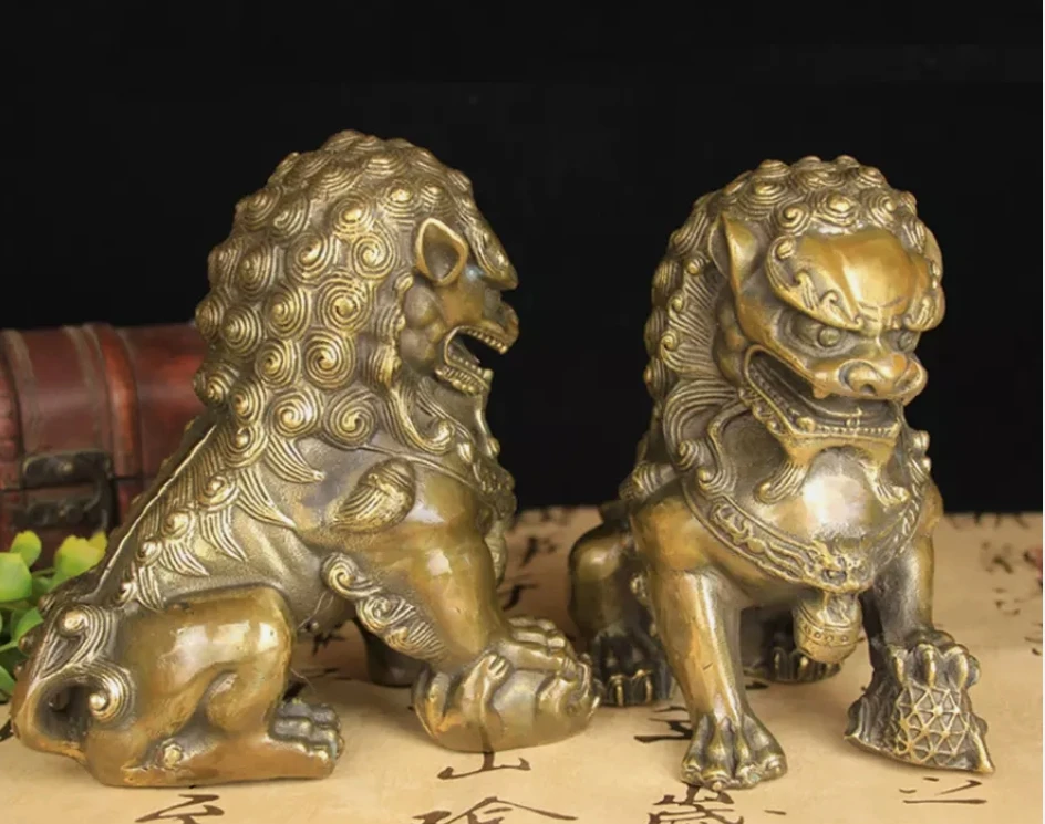 العتيقة البرونزية الباب فنغشوي الحرس فو فو الكلاب الأسد تمثال الأسود زوج #4