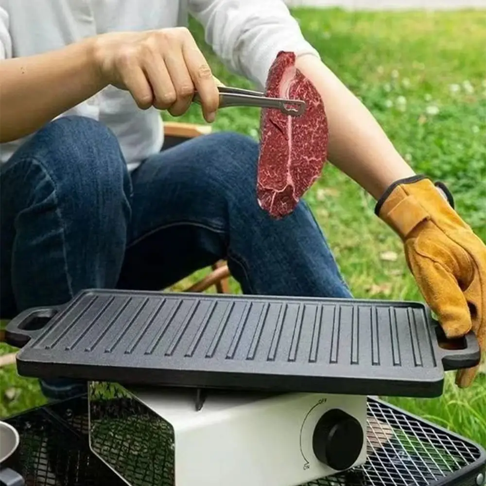 

Double Sided Cast Iron Griddle Rectangular Shape Striped Surface BBQ Griddle Plate Household Durable Grilling Pan Camping