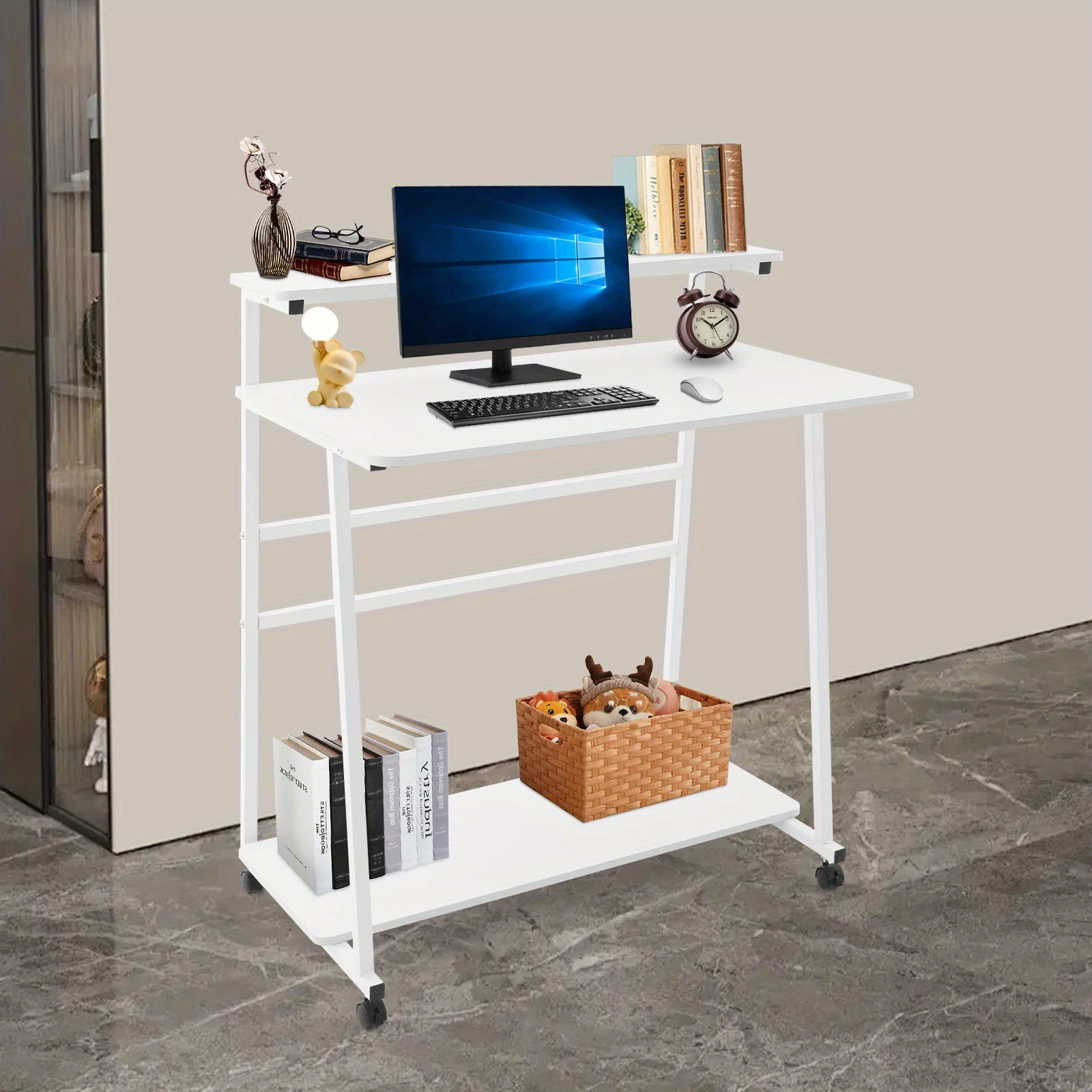 مكتب مكتب منزلي دوار من 3 طبقات - عجلات مكتب كمبيوتر مدمجة للمساحات الصغيرة، طاولة دراسة للطلاب لغرفة النوم، لون أبيض #1