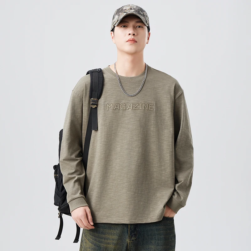 Camiseta de Manga Longa em Algodão de Bambu para Homens, Estilo Japonês Retro com Bordado de Letras, Casual e Versátil, Gola ...