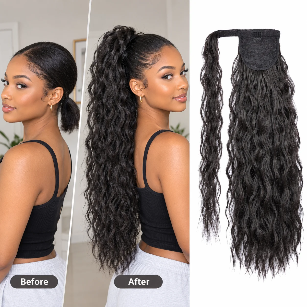 22 Inch Wavy Ponytail Extension Women Long Curly Soft Real‑Looking Synthetic Hair Velcro Wrap Ponytail Natural Volume Hairpiece
