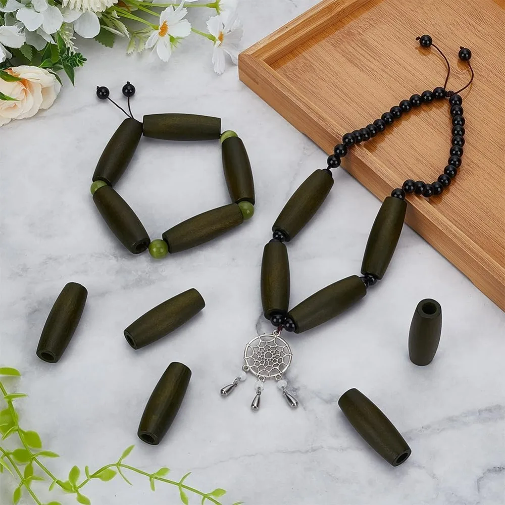 14개 나무 타원형 구슬 1.9x0.7인치 구멍 8mm 다크 올리브 그린 우드 루즈 스페이서 구슬 염색된 나무 스페이서 구슬 DIY용