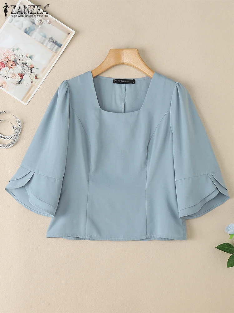 

ZANZEA Элегантная женская рабочая блузка с квадратным вырезом и рукавами 3/4, летняя рубашка, стильная однотонная облегающая туника, топы, женская сорочка Mujer 2025