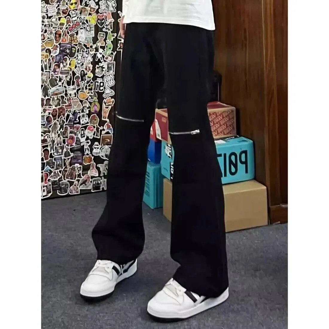 

Jeans Casual Slim Fit Autumn New American High Street Vibe Pants Knee Zipper Design Straight Leg Black Denim Trousers