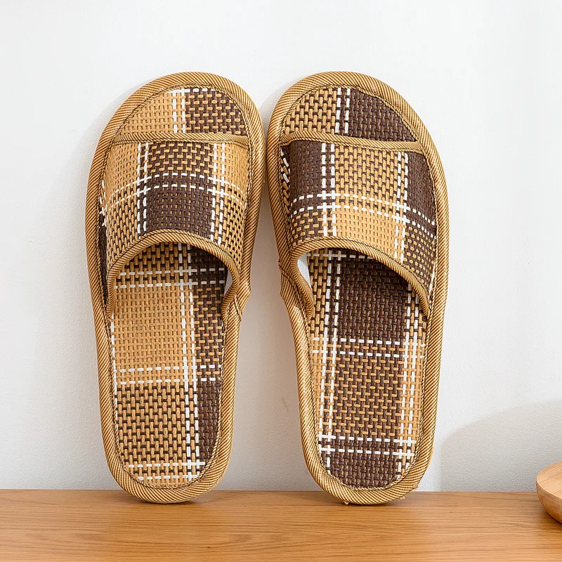 Fashion Bamboo Woven Rattan Home Linen Slippers Summer Cooling Floor Indoor Slides Unisex Bedroom Shoes Mujer Zapatilla