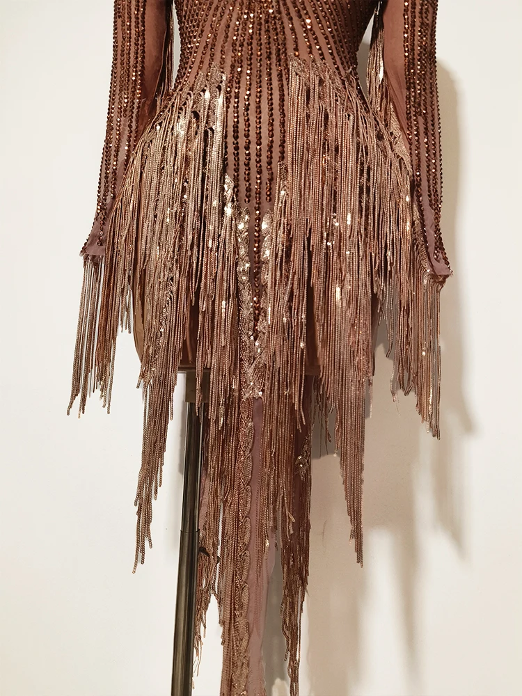 Vestido sexy marrón drag queen con borlas, Ropa de baile latino para mujer, celebración de pasarela, espectáculo, fiesta, club nocturno, actuación, traje de cantante