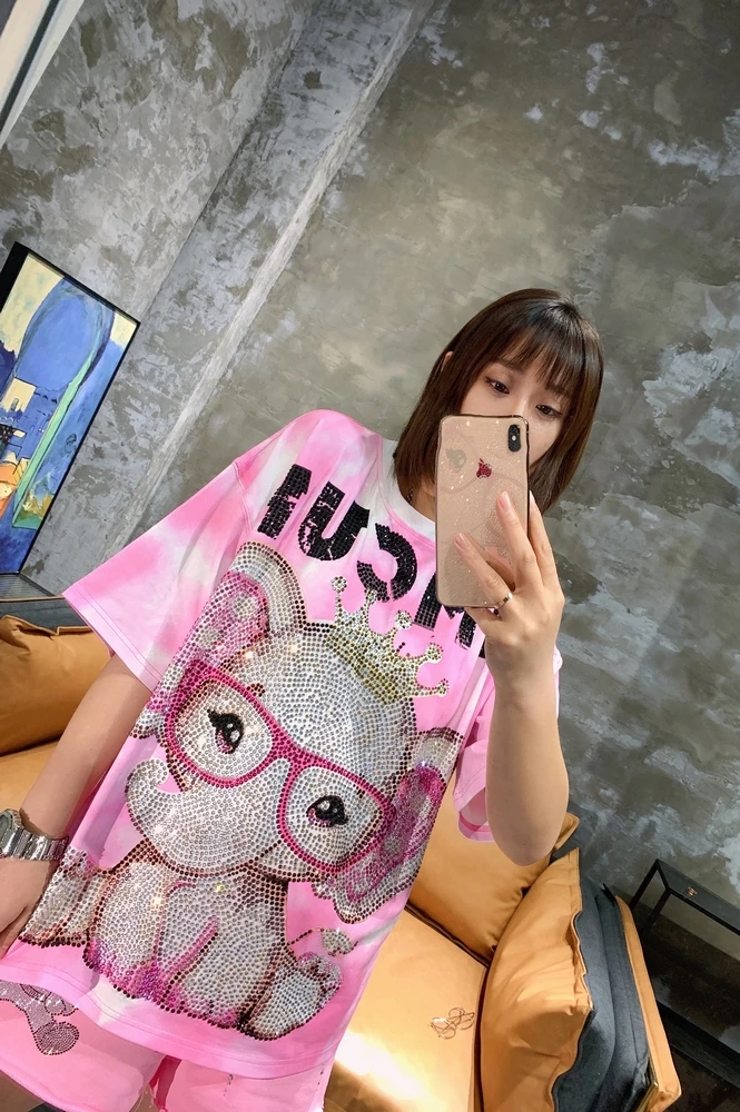 2022 New Summer Women Oversized Tops Trendy Cute Pink Age Reduction Short Sleeve T-shirt Elephant Hot Drill Tie-dye Loose Tees