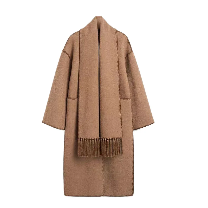 TT @ Scarf Coat Women\'s Design Feel Loose and Slim Side Split Camel Wool Blended Embroidered Long Coat 2024 Autumn/Winter