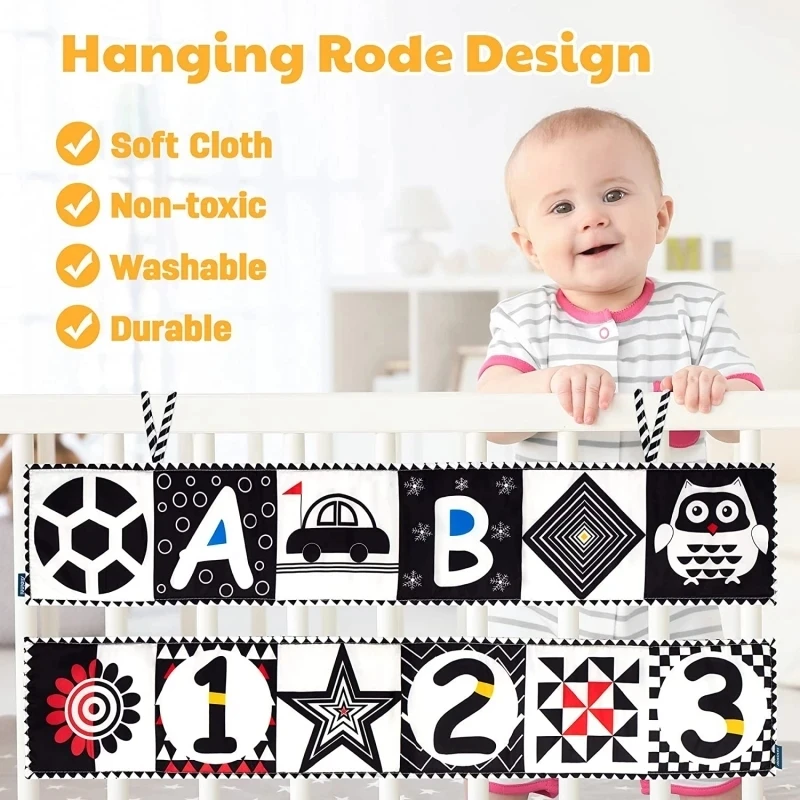 Montessori Baby Books 0-6 Months Black and White Newborn Crib Bumper Infant Educational Sensory Sensory Cloth Book for Babies