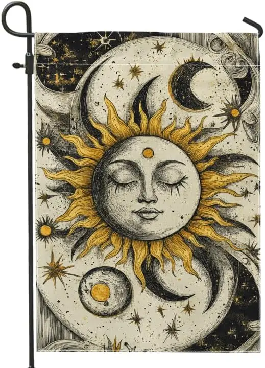 Celestial Sun And Moon Garden Flag, Yellow Gold Bohemian Stars Home Aesthetic Decor Garden Flags, Double Sided Outdoor Lawn  SSL