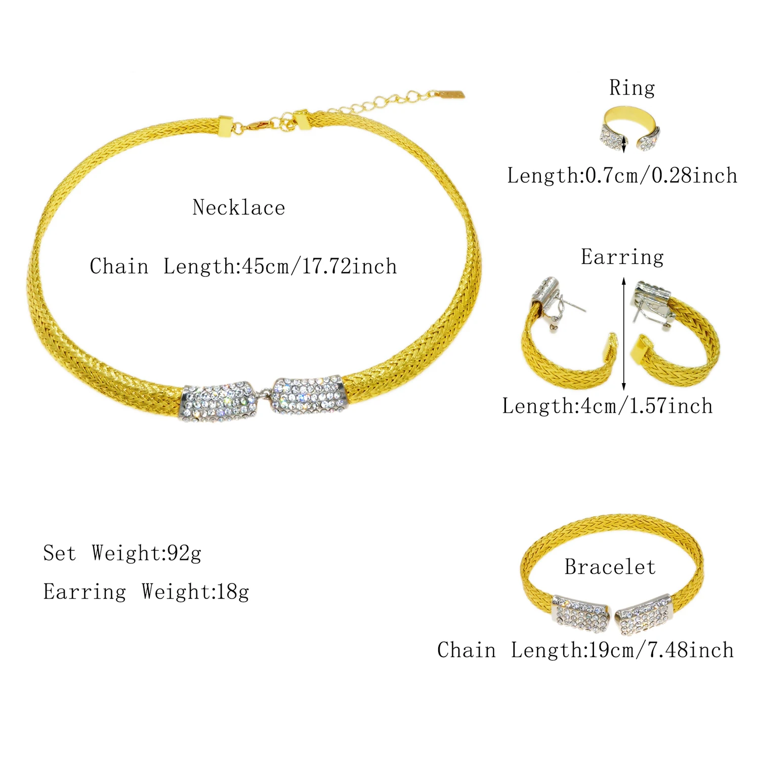 High Quality Brazilian Jewelry Set One Shining Thin Necklace Earring Ring Bracelet African Party Accessories for Women