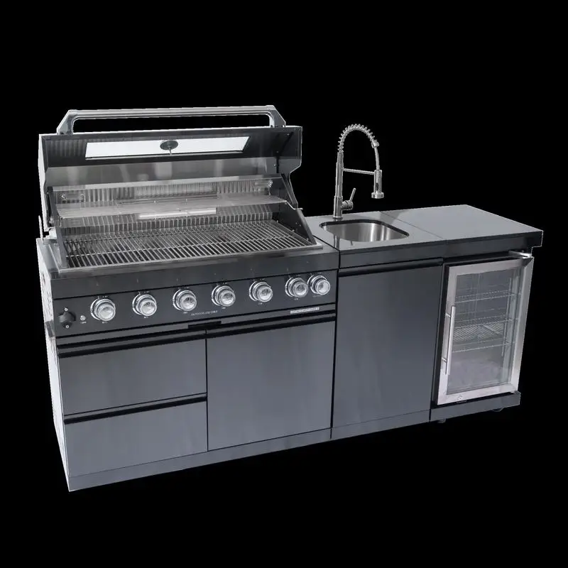 43-Inch 6-Burner Gas Grill Outdoor Kitchen with 85000 BTU, Wine Cooler, Rotisserie Kit, Granite Countertops, and Stainless