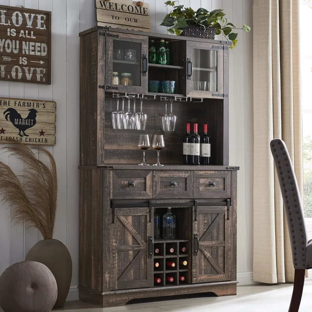 Armoire de bar à la ferme avec porte de grange market, grand panneau de cuisine avec clapier avec vin et verres T1, 3 portes de proximité, 72 po