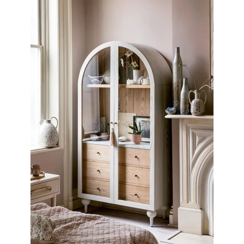 

American Arched Bookcase French Retro Wine Cabinet Nordic Solid Wood Household with Glass Door Side