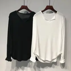 Spring and Autumn Women's Pullover V-Neck Hollow Out Patchwork Solid Loose Underlay Fashion Casual Elegant Long Sleeve Tops