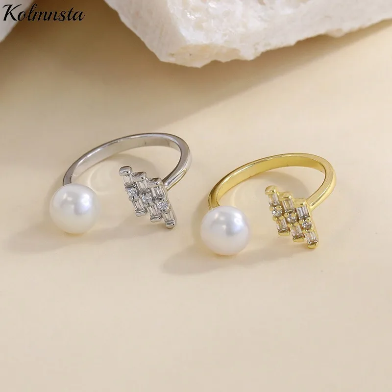 Kolmnsta 925 Sterling Silver Quality Pearl Opening Rings Shinny Zircon Adjustable Ring For Women Wedding Engagement Party Gift