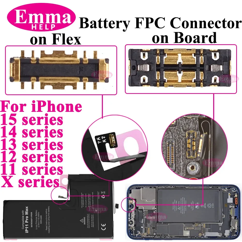 EmmaHelp 10pcs FPC on Battery Flex Cable For iPhone 11 12 13 14 15 Pro Max X XR 8 Plus Connector Clip Plug